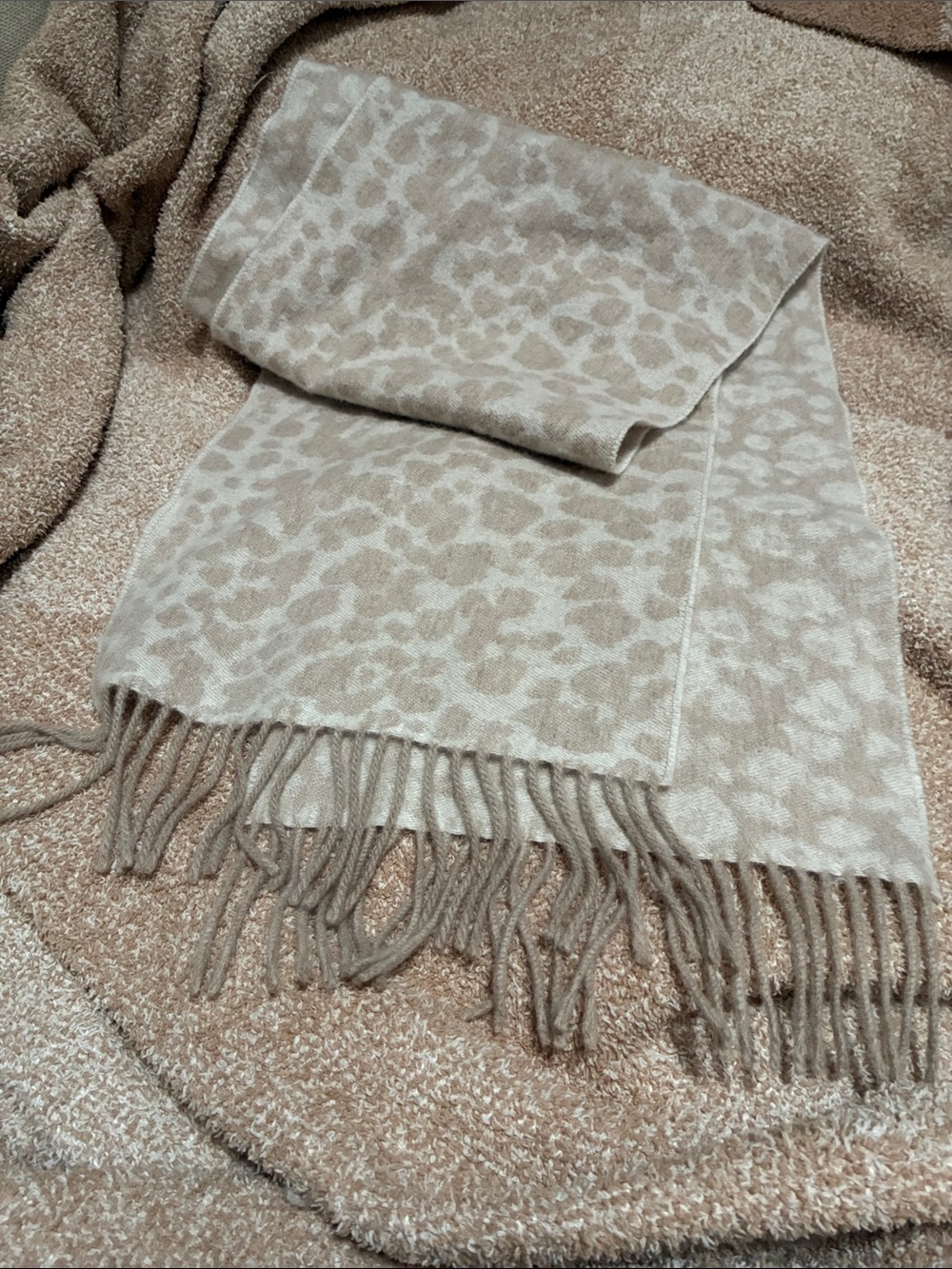 Neutral Leopard Print Fringe Scarf - Beige/Cream Fashion Wrap